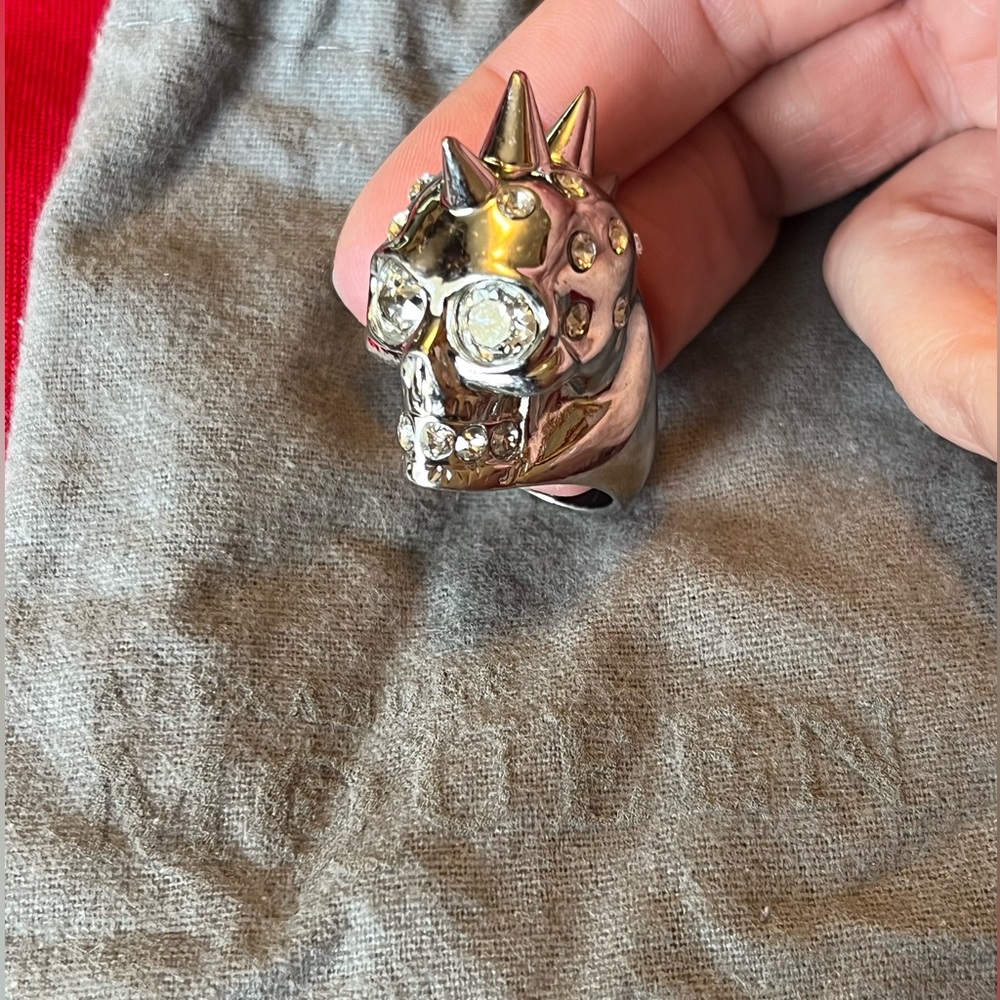 Alexander McQueen skull Mohawk silver rhinestone ring US 6 Italian 13